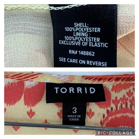 Torrid Yellow Orange Tribal Smocked Ruffle Square Neck Sheer Sleeve Blouse 3X - Picture 11 of 14